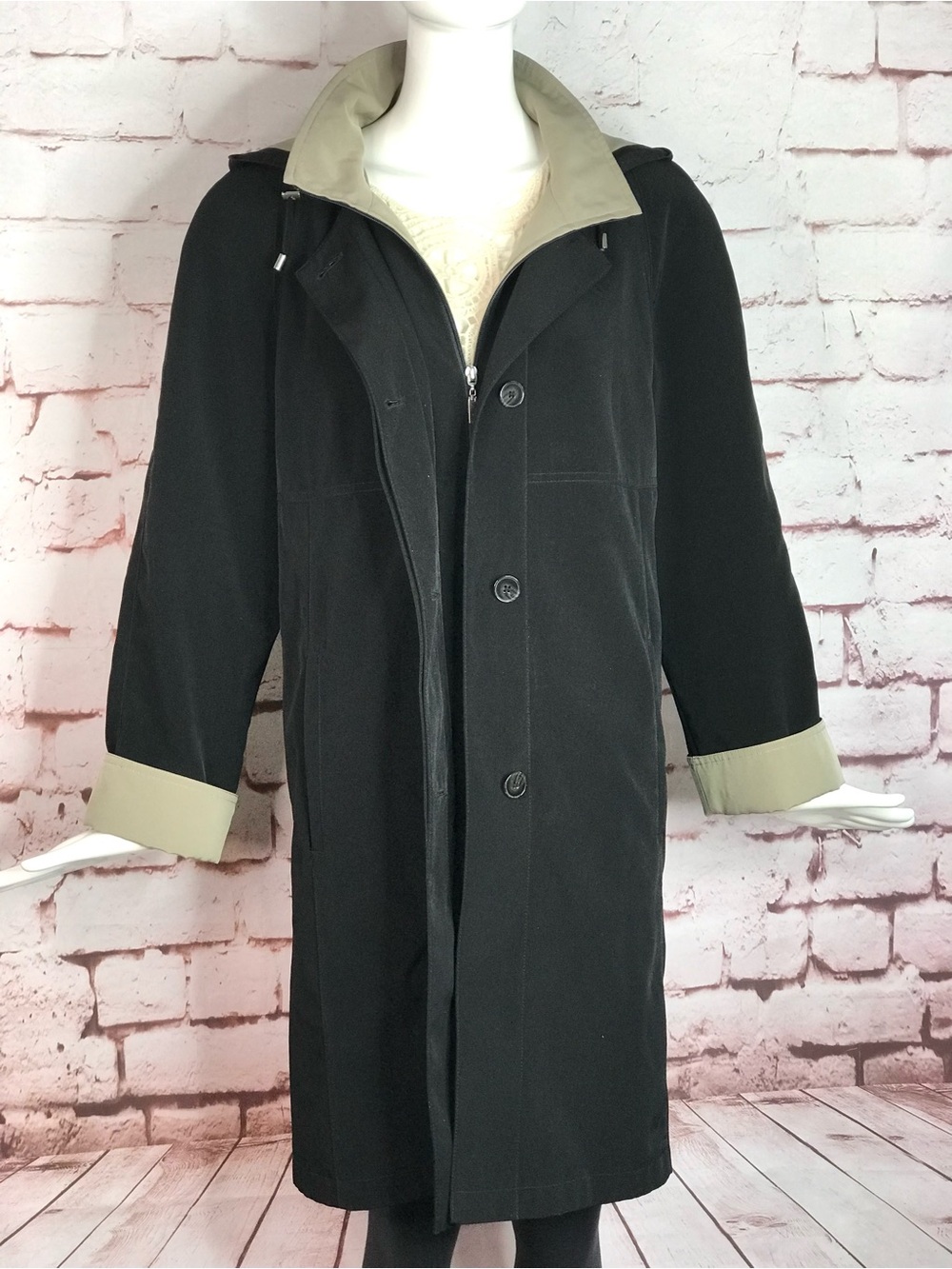 GALLERY Black & Taupe Trench Coat Raincoat detach Hood Size Medium 37” Length - Picture 16 of 16